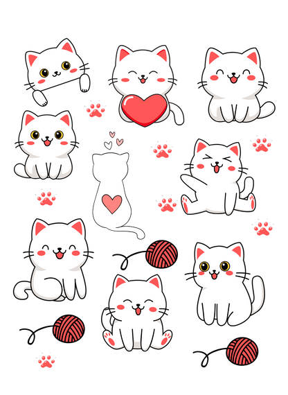 Kawaii White Kittens Sticker Sheet - Kiss-cut