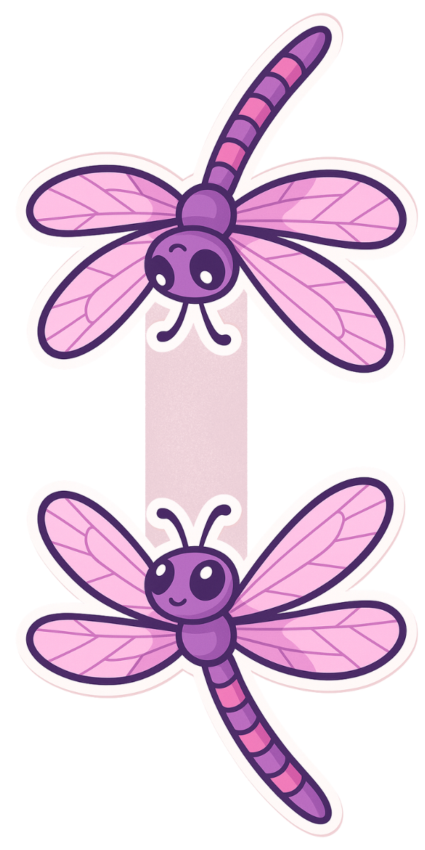 This is a magnetic bookmark with a purple and pink dragonfly design.