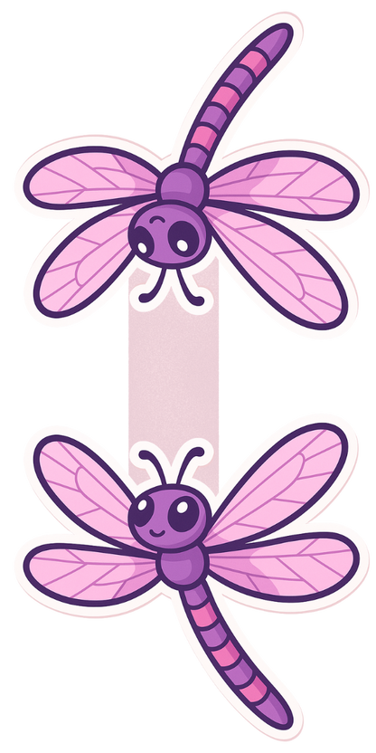 This is a magnetic bookmark with a purple and pink dragonfly design.