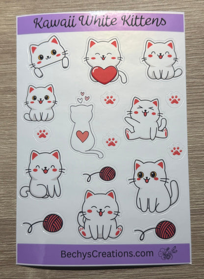 Kawaii White Kittens Sticker Sheet - Kiss-cut